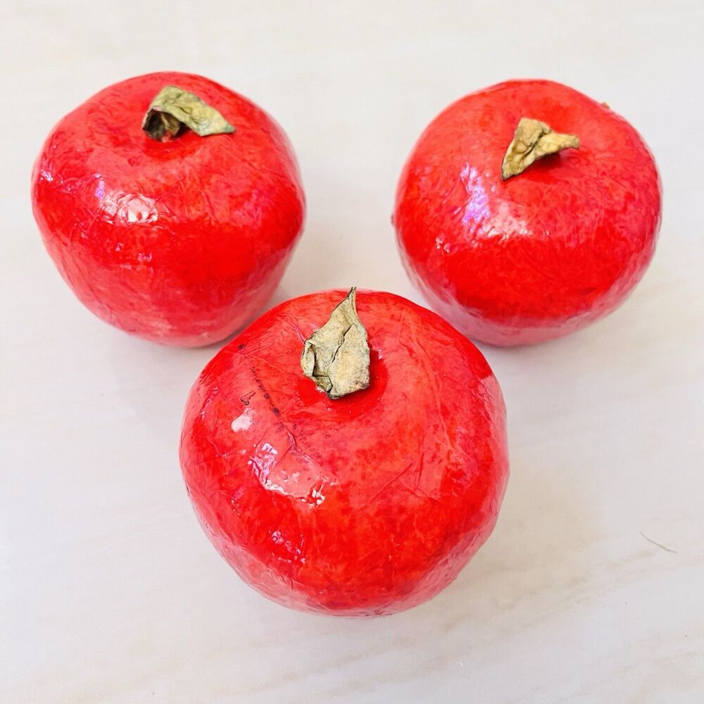Set of 3 Artificial Pomegranates – Red Decorative Fake Fruit Display Home Decor